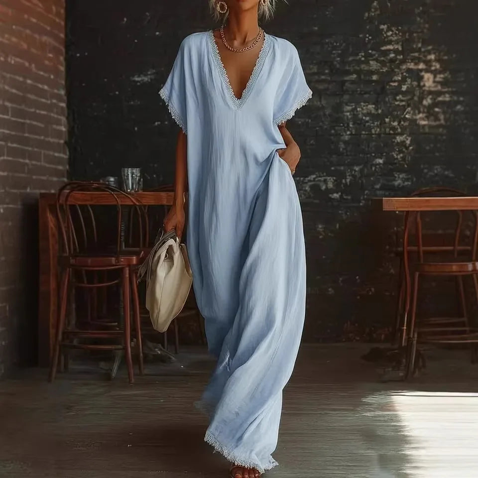 Vestido largo mujer con encaje y escote en V verano elegante