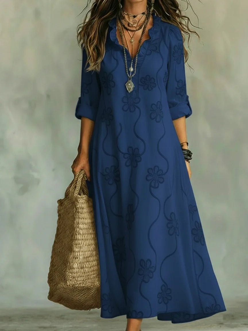Vestido largo mujer bordado floral con mangas enrollables y cuello en V