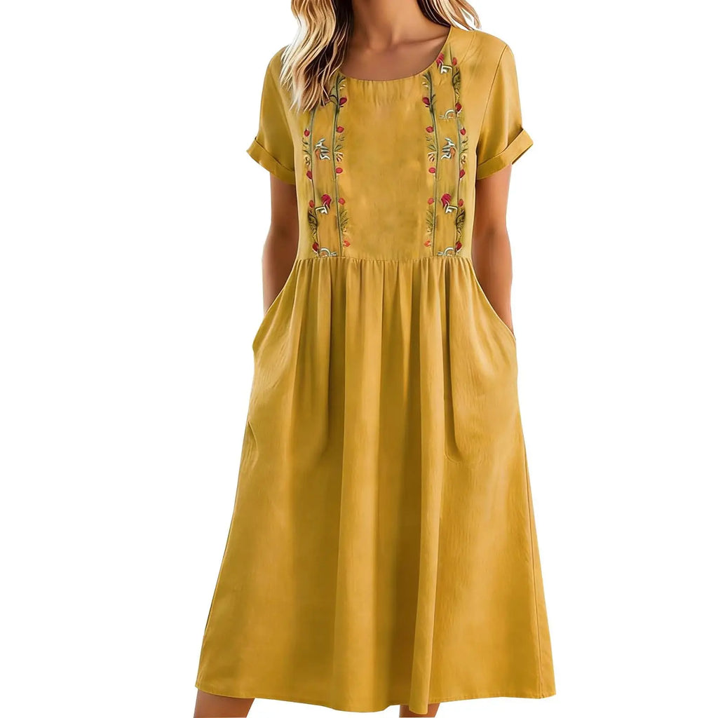 Vestido midi mujer algodón poliéster bordado y bolsillos verano