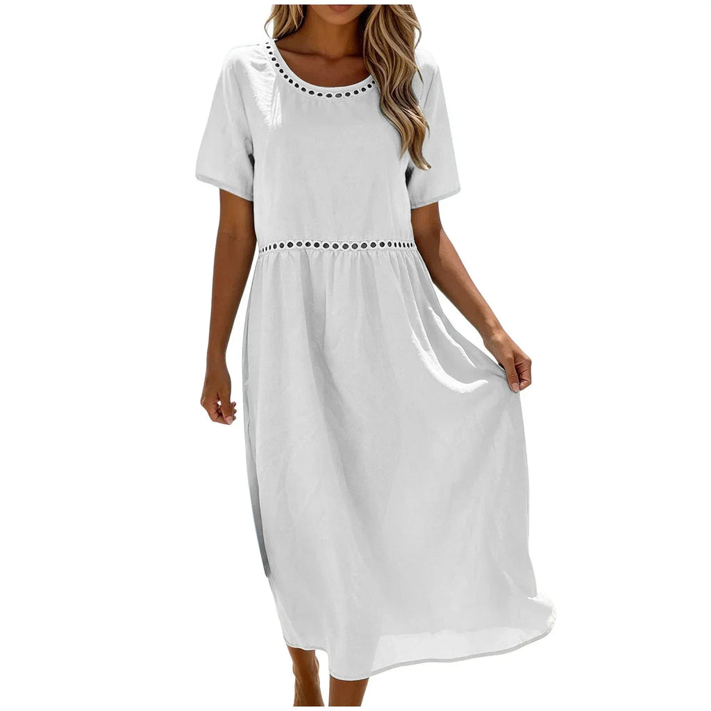 Vestido largo mujer algodón poliéster perforado verano casual