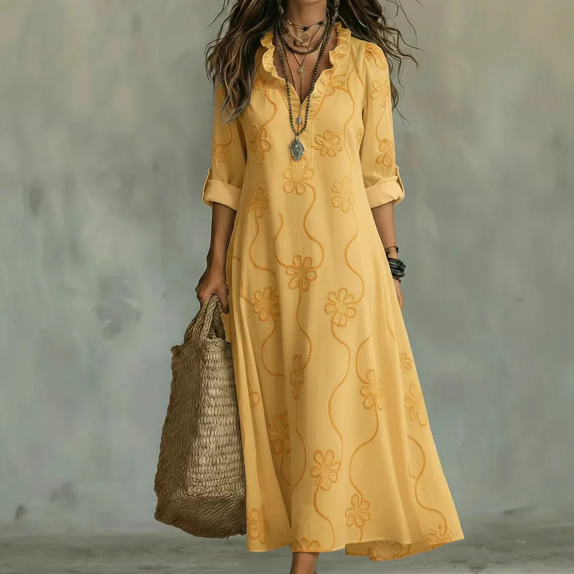 Vestido largo mujer bordado floral con mangas enrollables y cuello en V