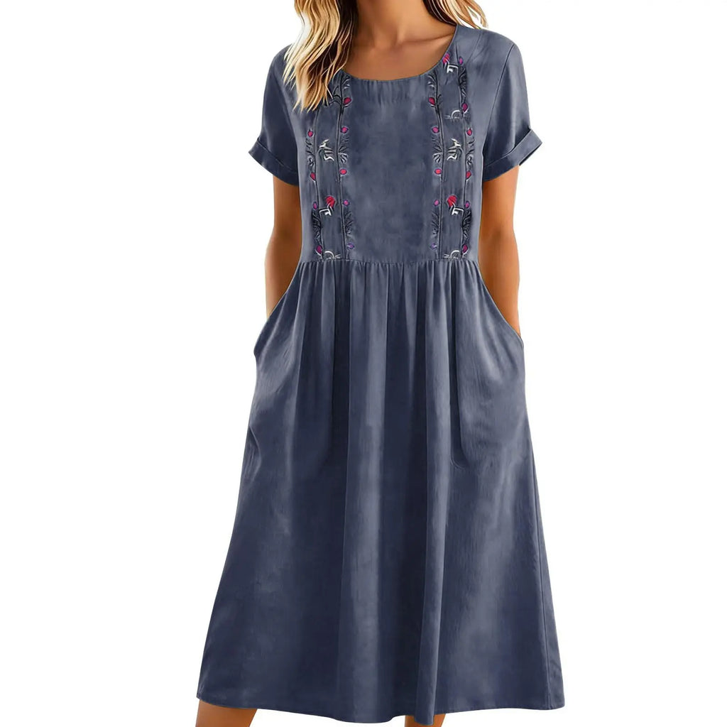 Vestido midi mujer algodón poliéster bordado y bolsillos verano
