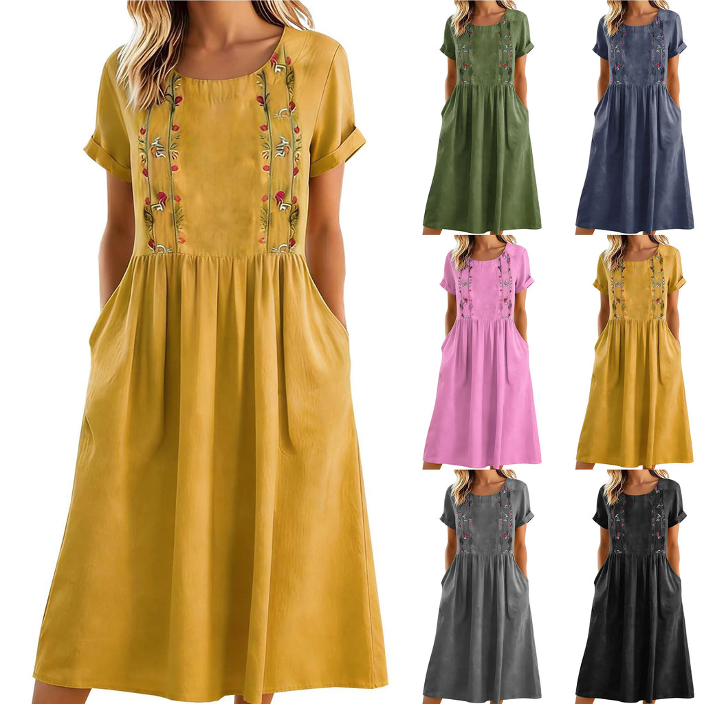 Vestido midi mujer algodón poliéster bordado y bolsillos verano