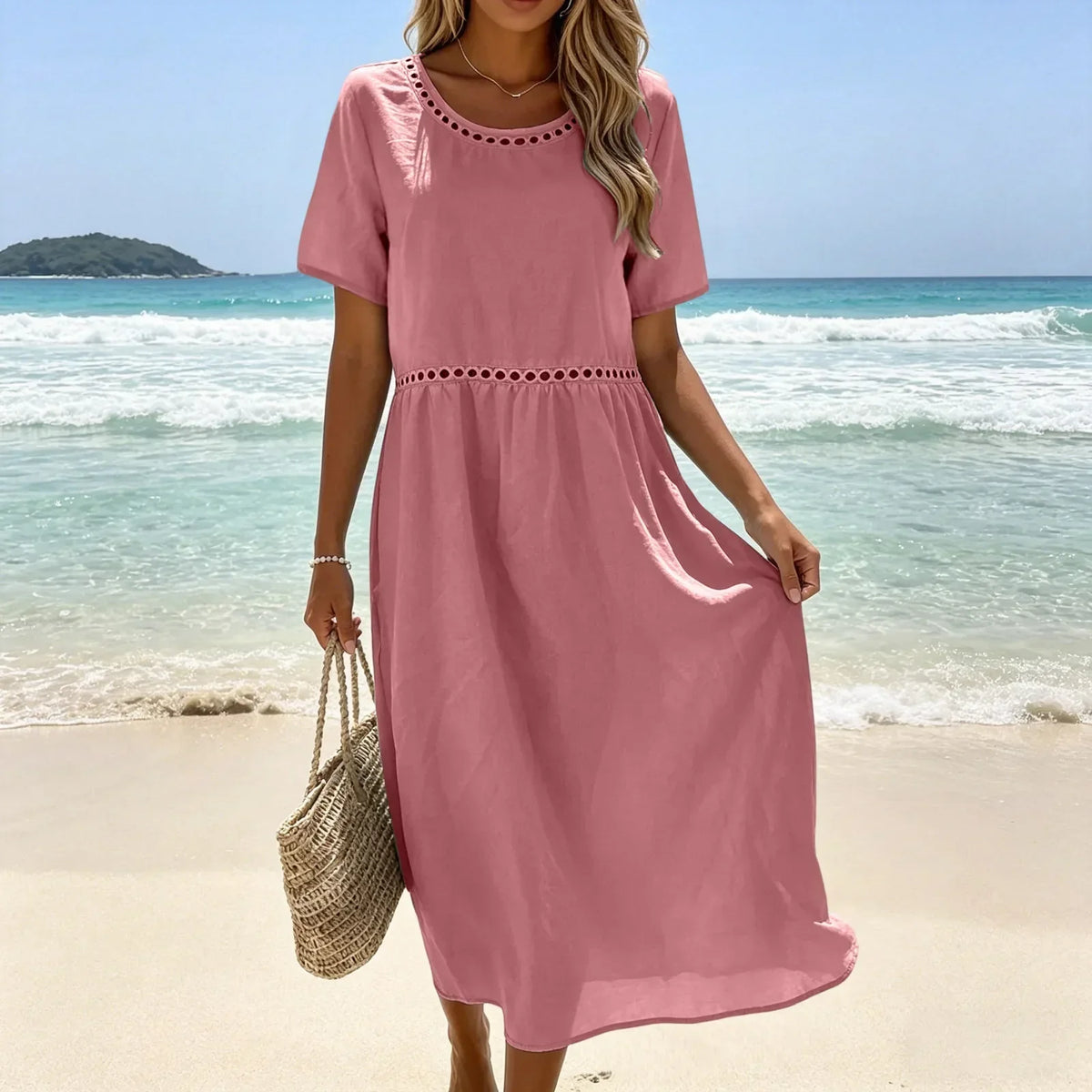 Vestido largo mujer algodón poliéster perforado verano casual
