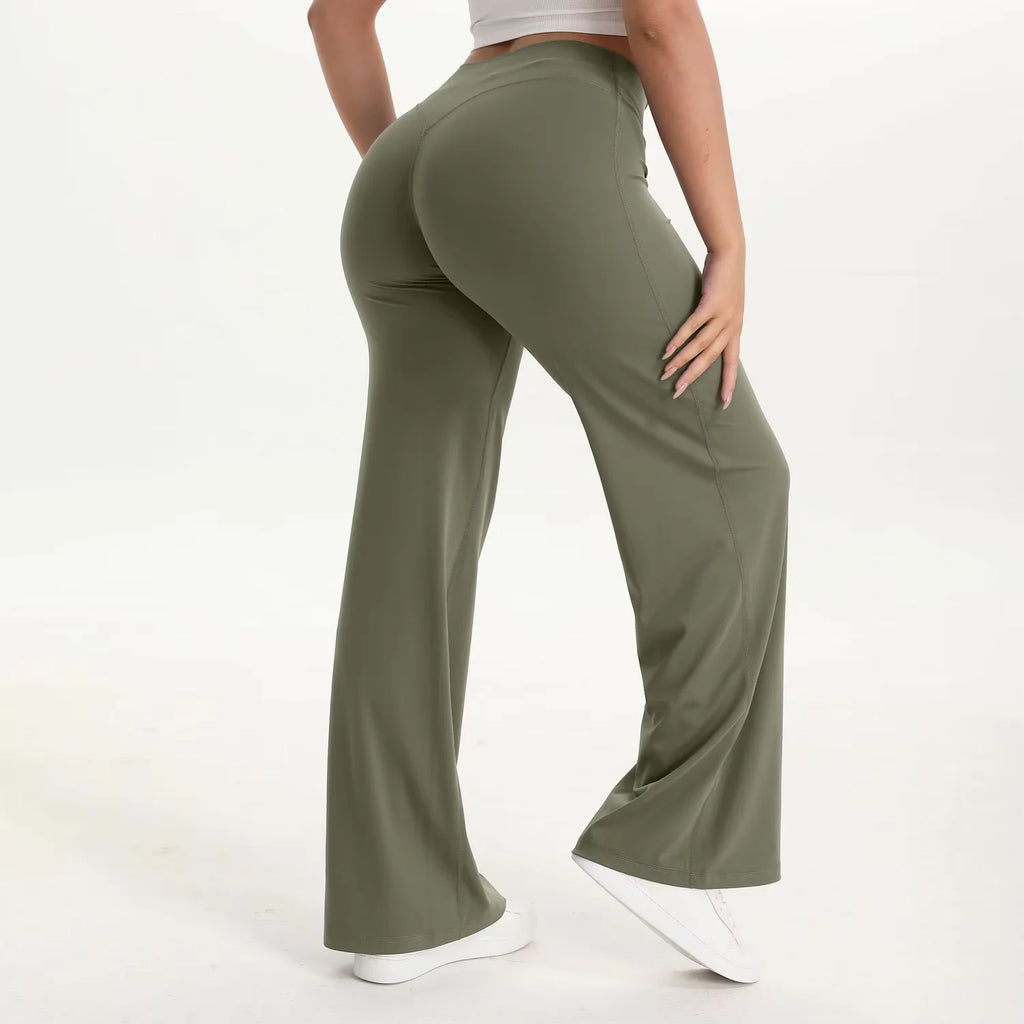 Pantalón yoga mujer cintura alta con pierna ancha para pilates