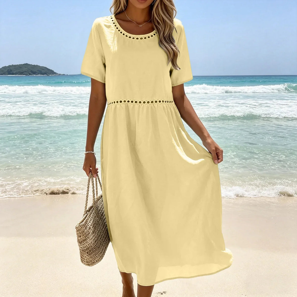 Vestido largo mujer algodón poliéster perforado verano casual