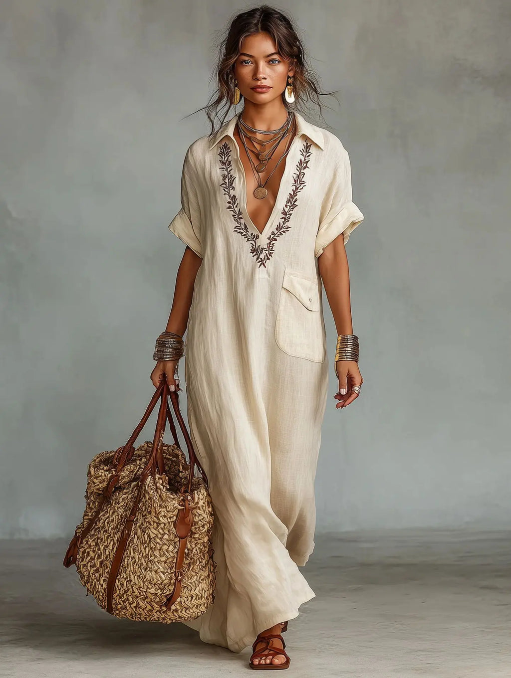Vestido largo mujer efecto lino bordado con bolsillos boho