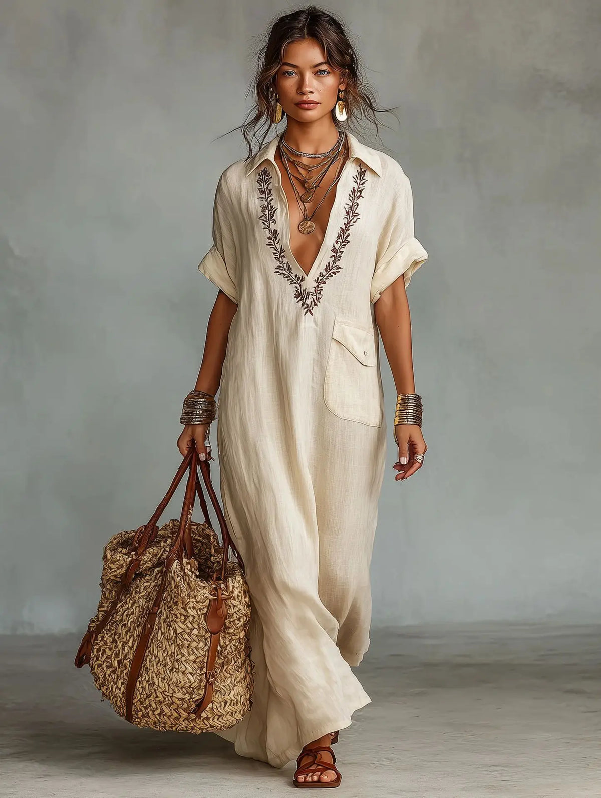 Vestido largo mujer efecto lino bordado con bolsillos boho