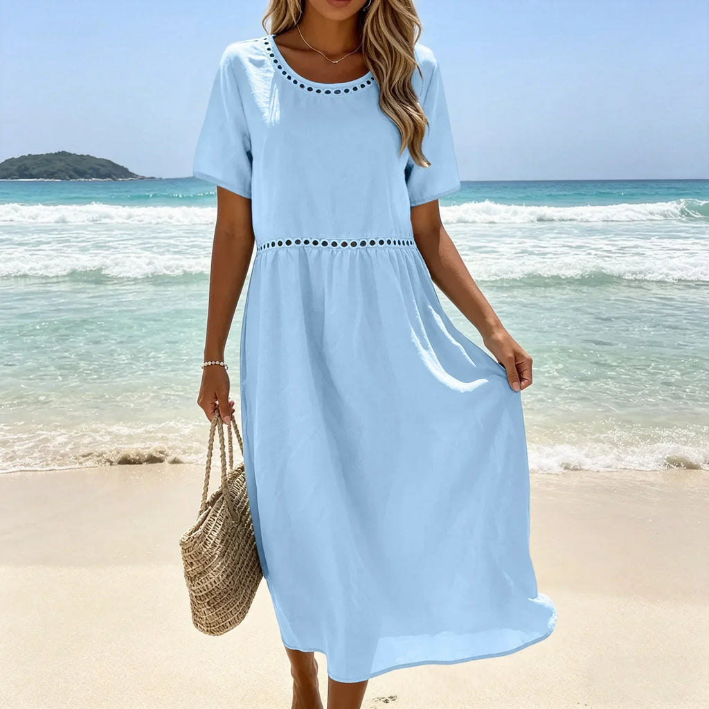 Vestido largo mujer algodón poliéster perforado verano casual