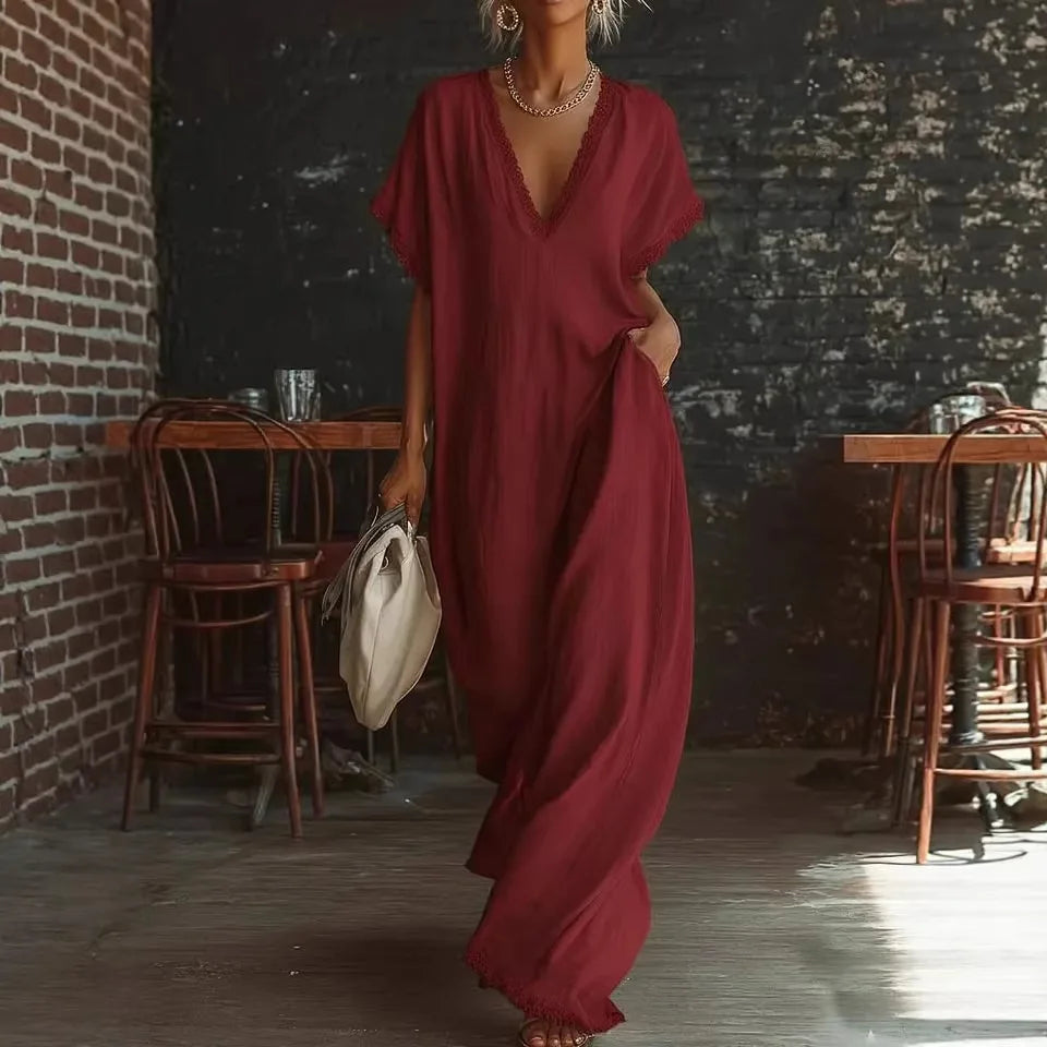 Vestido largo mujer con encaje y escote en V verano elegante
