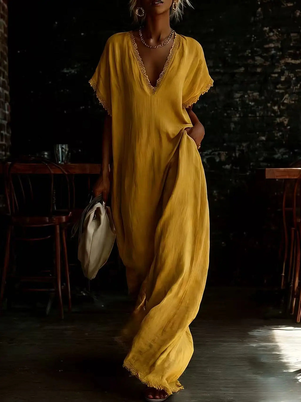 Vestido largo mujer con encaje y escote en V verano elegante