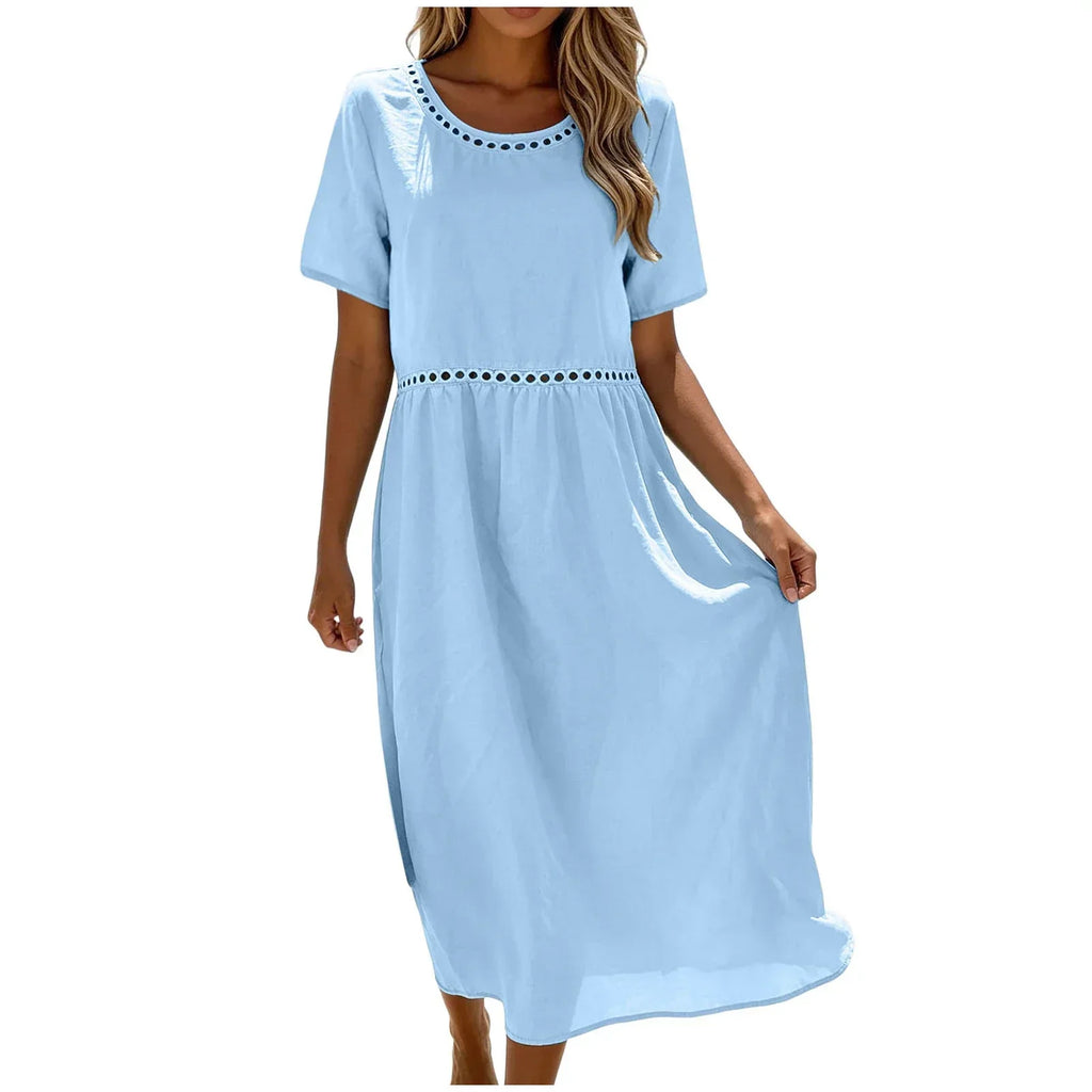 Vestido largo mujer algodón poliéster perforado verano casual