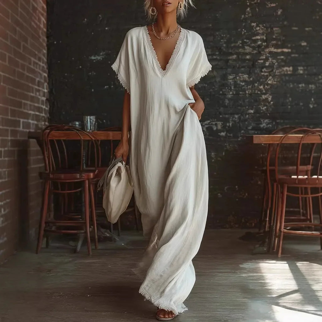 Vestido largo mujer con encaje y escote en V verano elegante