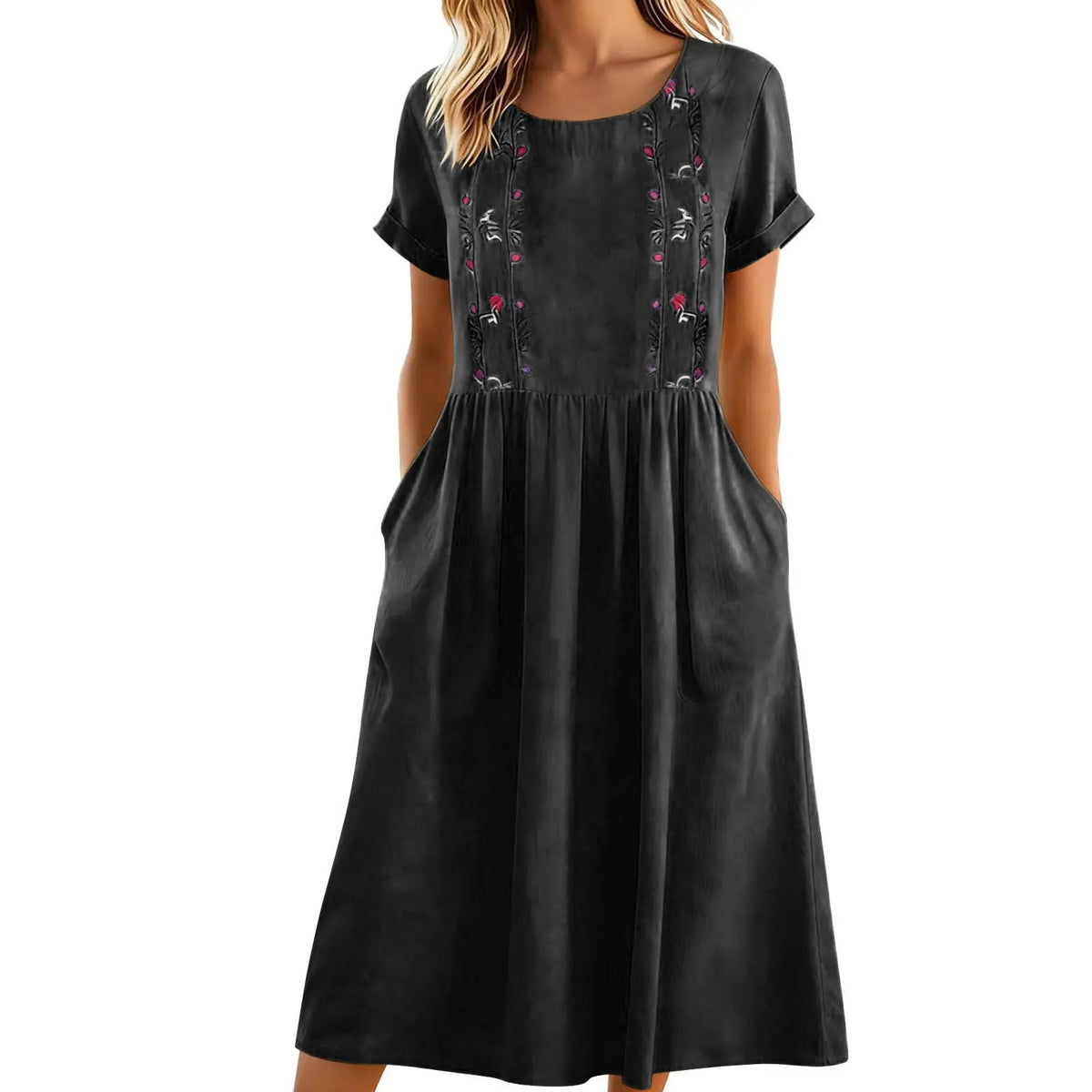 Vestido midi mujer algodón poliéster bordado y bolsillos verano
