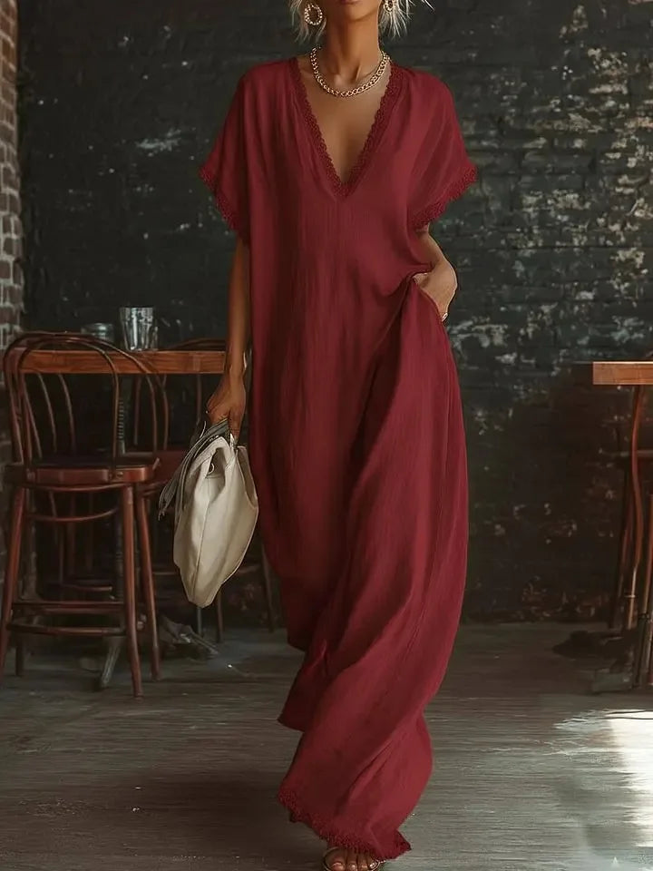 Vestido largo mujer con encaje y escote en V verano elegante