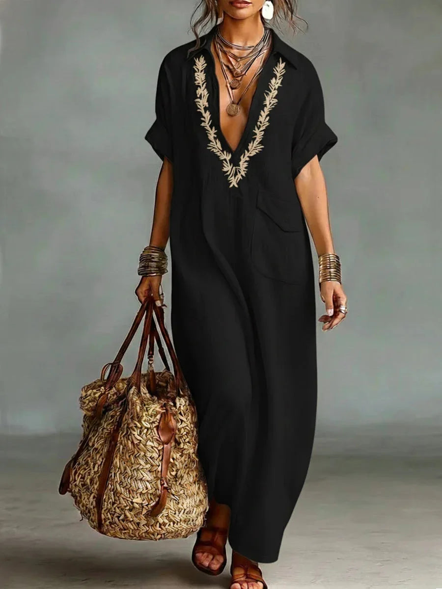 Vestido largo mujer efecto lino bordado con bolsillos boho