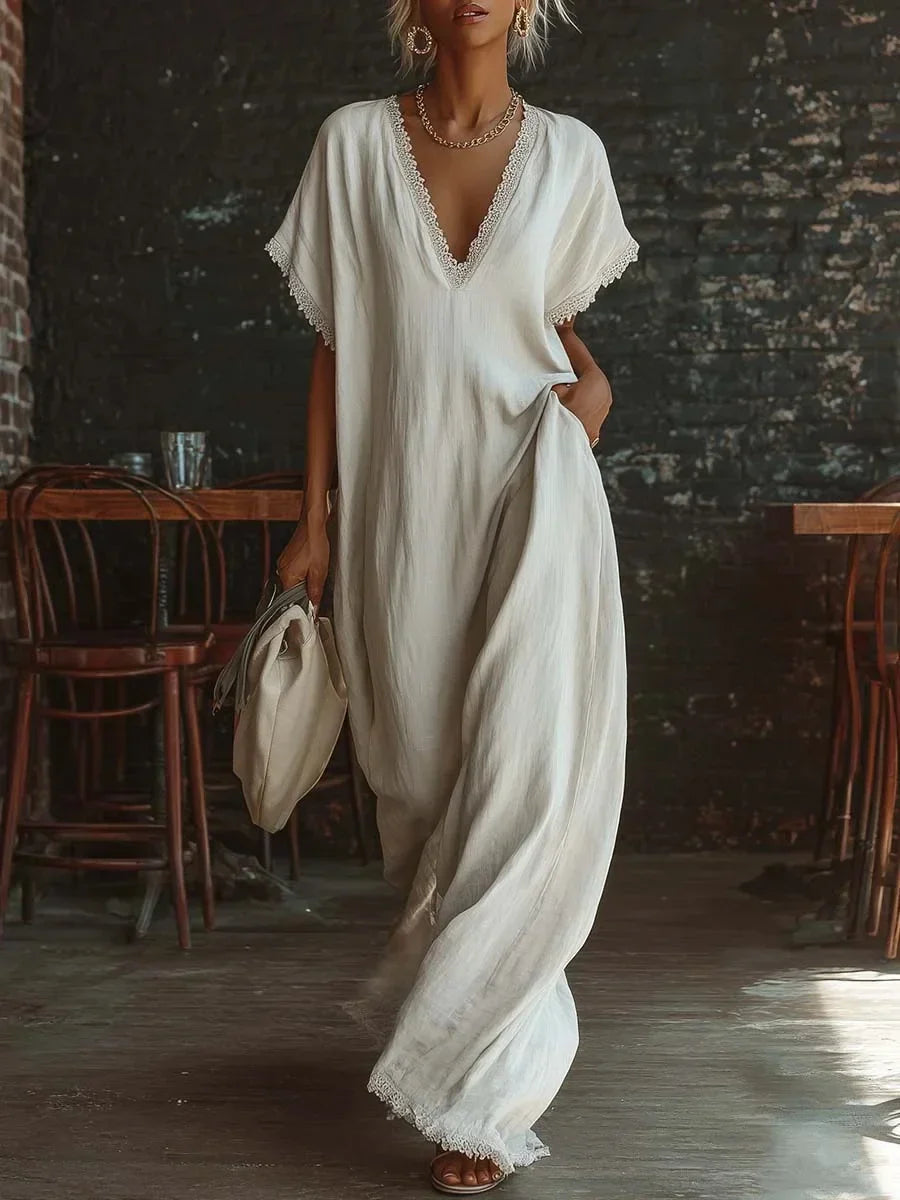 Vestido largo mujer con encaje y escote en V verano elegante