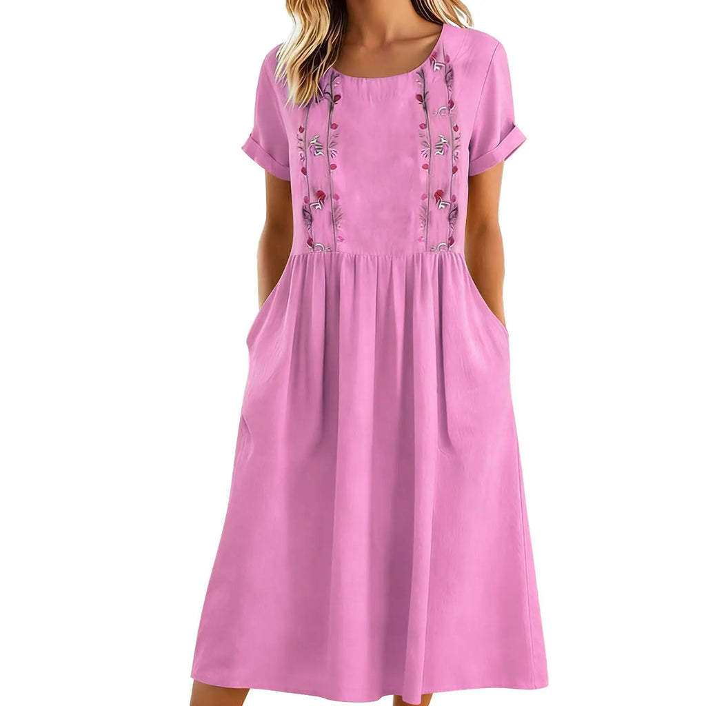 Vestido midi mujer algodón poliéster bordado y bolsillos verano