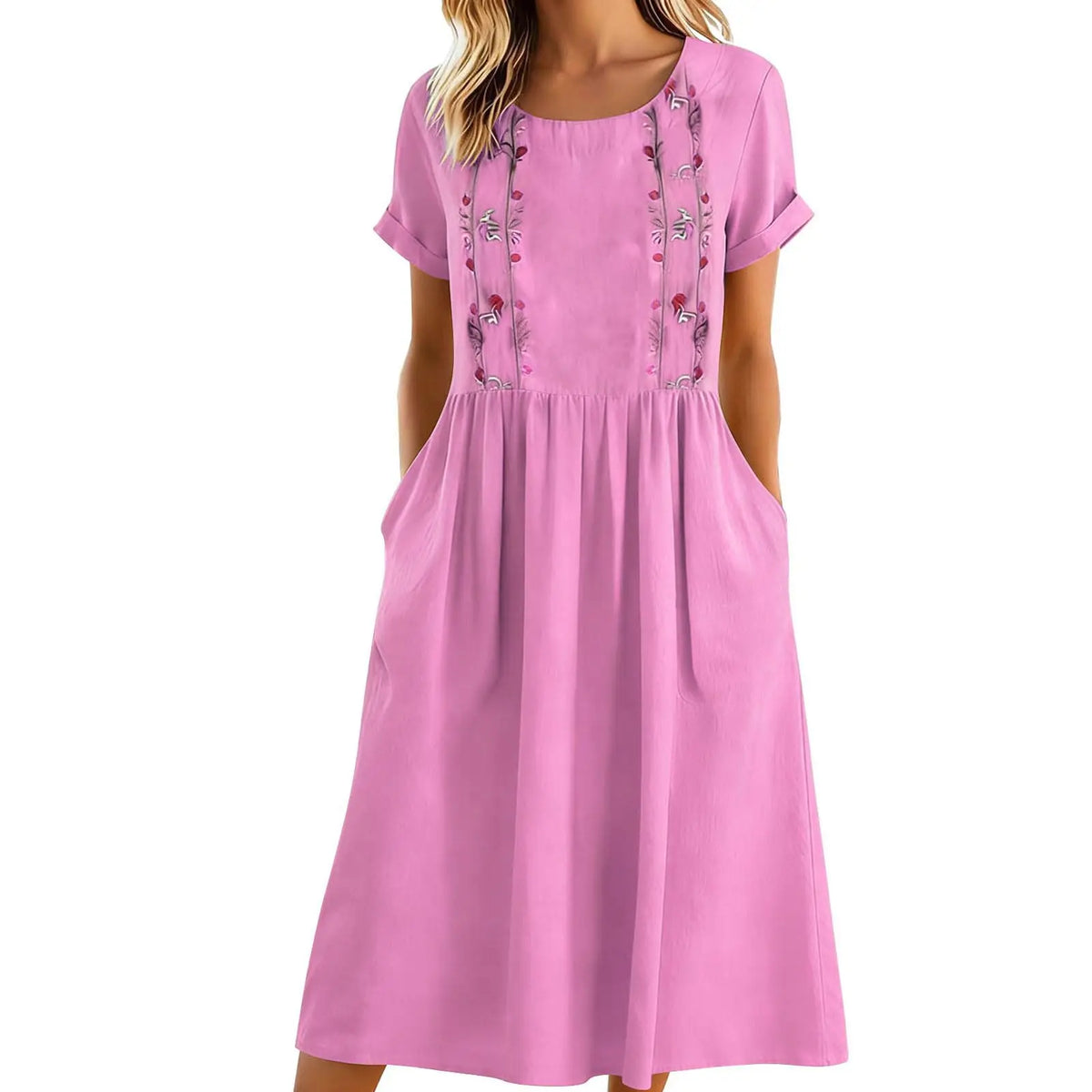 Vestido midi mujer algodón poliéster bordado y bolsillos verano