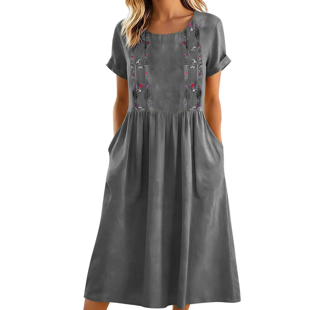 Vestido midi mujer algodón poliéster bordado y bolsillos verano
