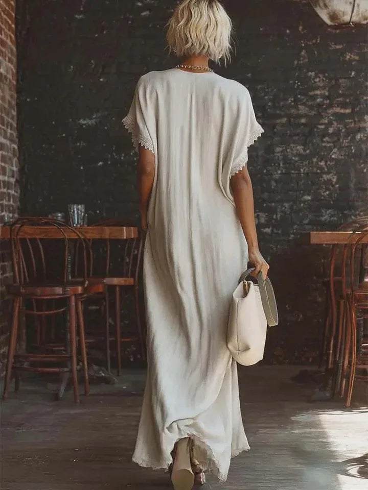 Vestido largo mujer con encaje y escote en V verano elegante