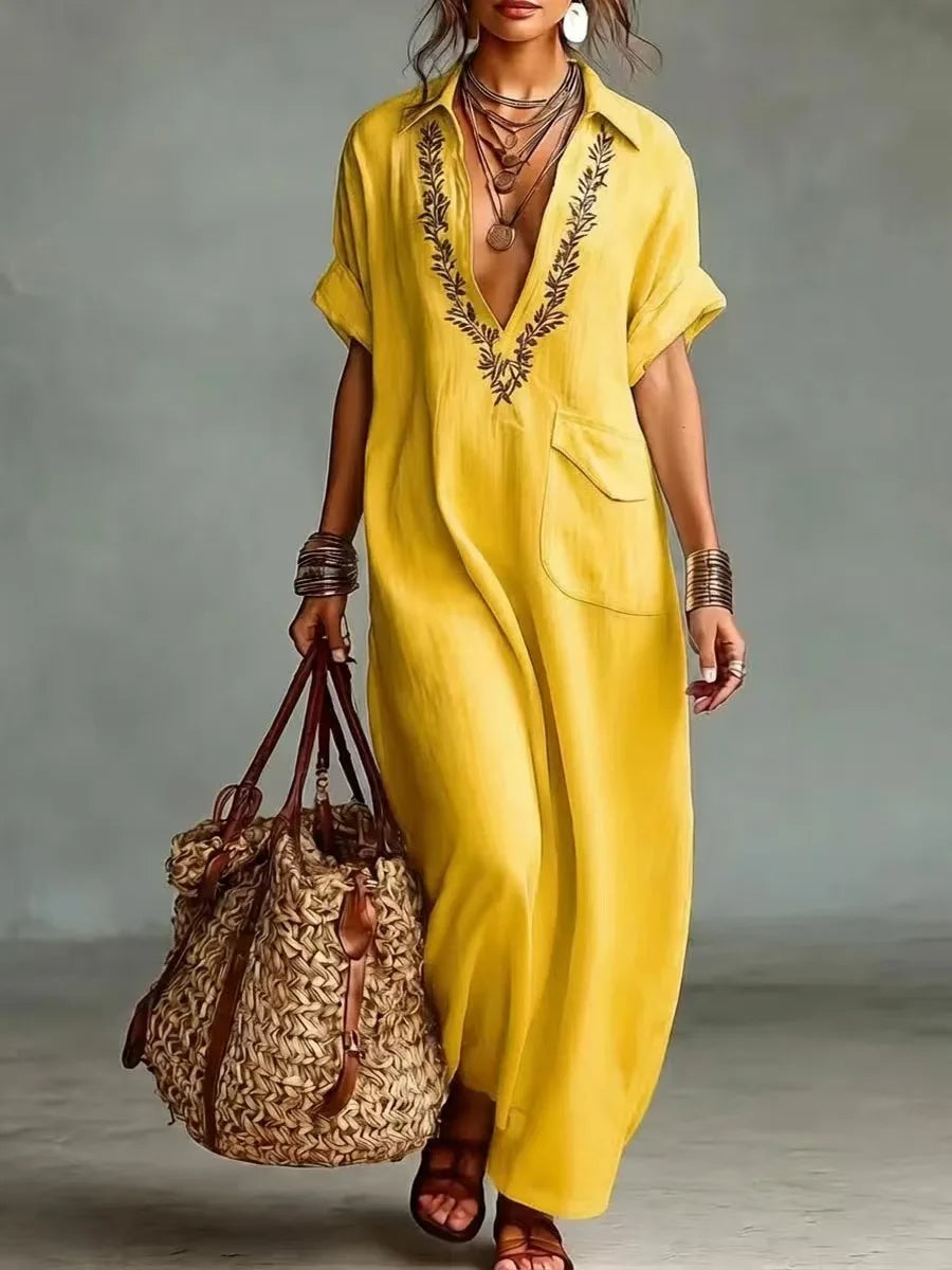 Vestido largo mujer efecto lino bordado con bolsillos boho