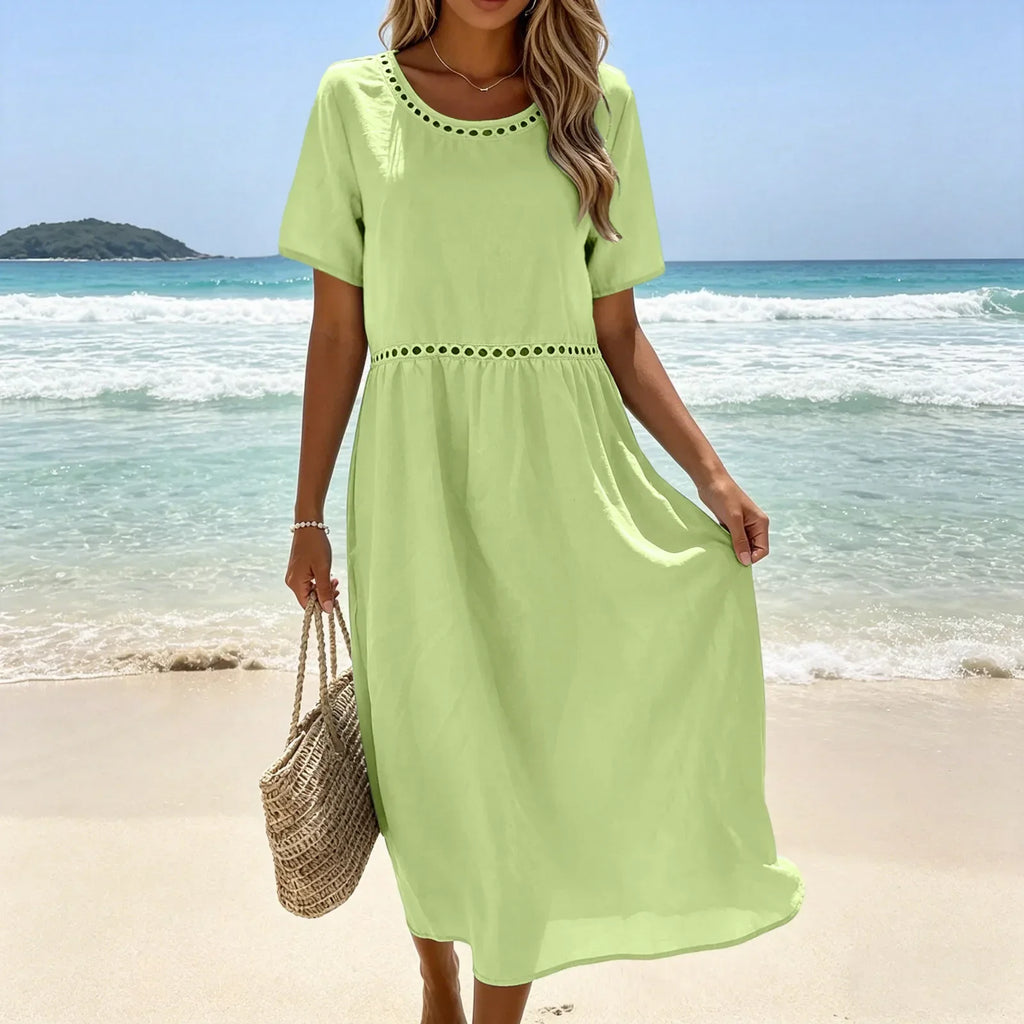 Vestido largo mujer algodón poliéster perforado verano casual