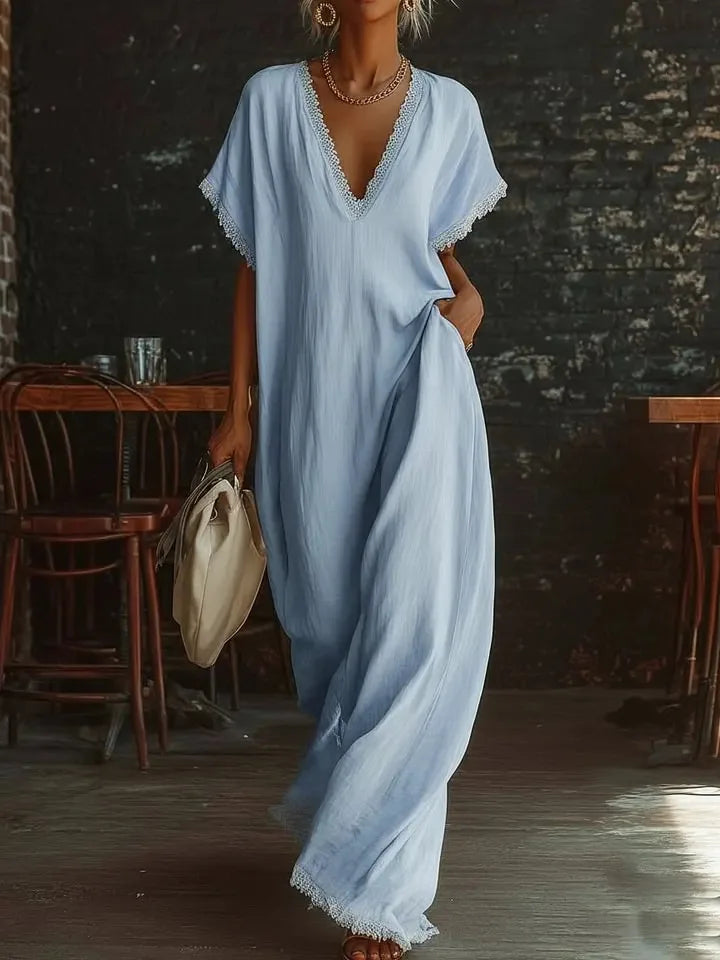 Vestido largo mujer con encaje y escote en V verano elegante