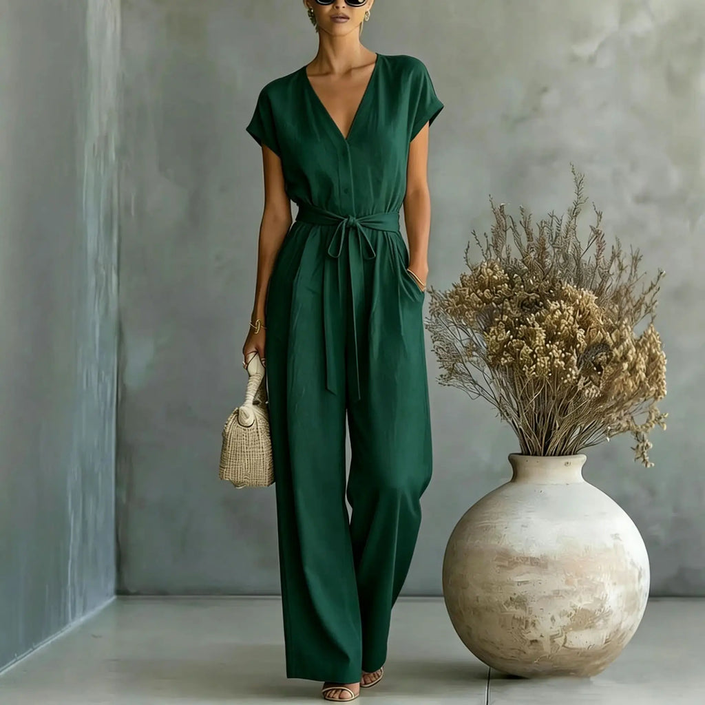 Mono mujer con escote en V cinturón y pantalón ancho casual chic