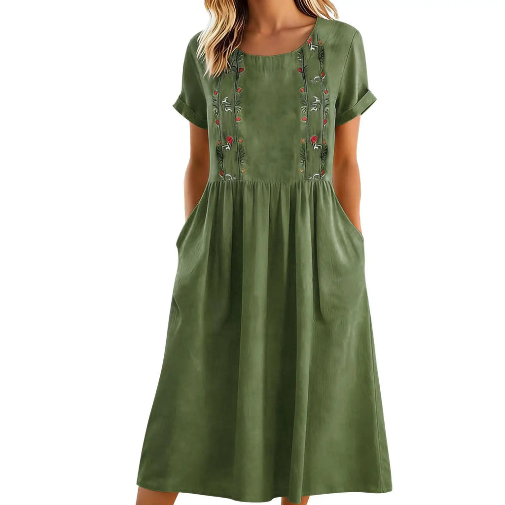 Vestido midi mujer algodón poliéster bordado y bolsillos verano