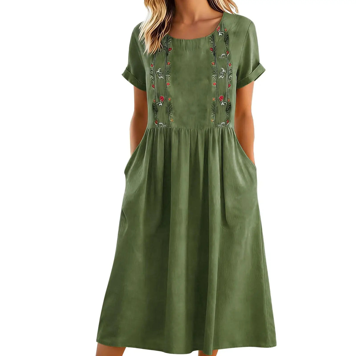 Vestido midi mujer algodón poliéster bordado y bolsillos verano