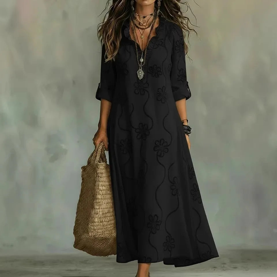 Vestido largo mujer bordado floral con mangas enrollables y cuello en V