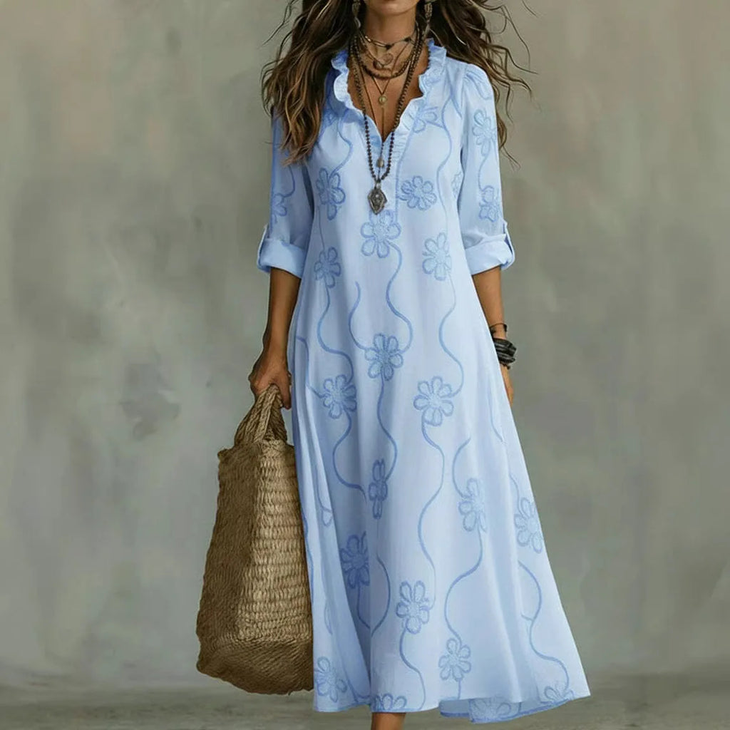 Vestido largo mujer bordado floral con mangas enrollables y cuello en V