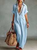 Vestido largo mujer efecto lino bordado con bolsillos boho
