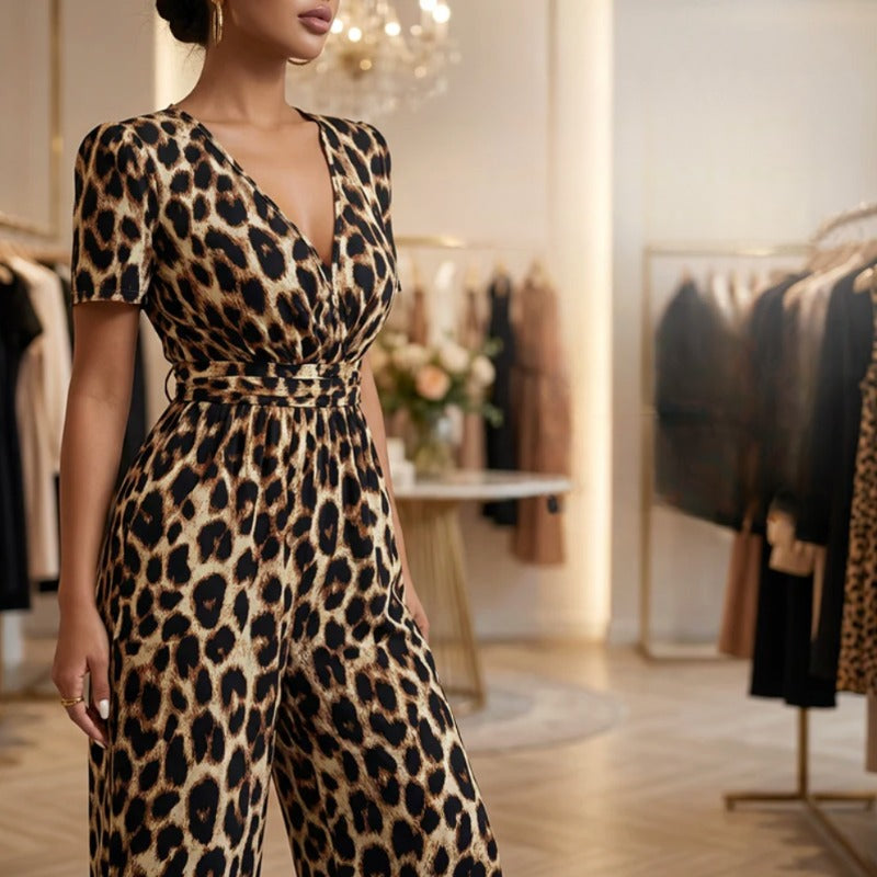 Mono mujer leopardo elegante escote V fluido
