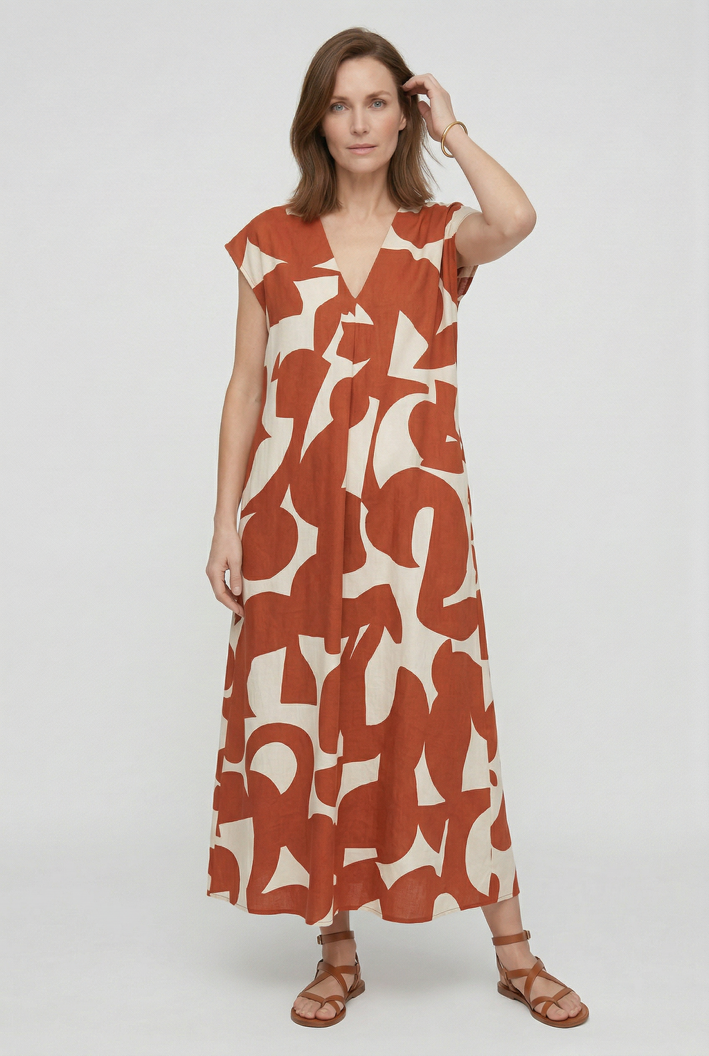 Vestido largo para mujer con estampado abstracto y escote en V
