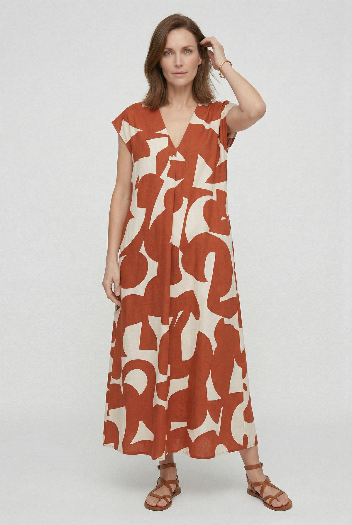 Vestido largo para mujer con estampado abstracto y escote en V
