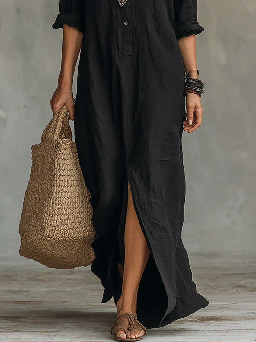 Soline™ - Vestido largo negro con botones
