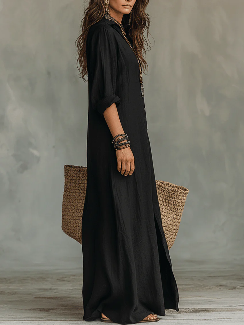 Soline™ - Vestido largo negro con botones