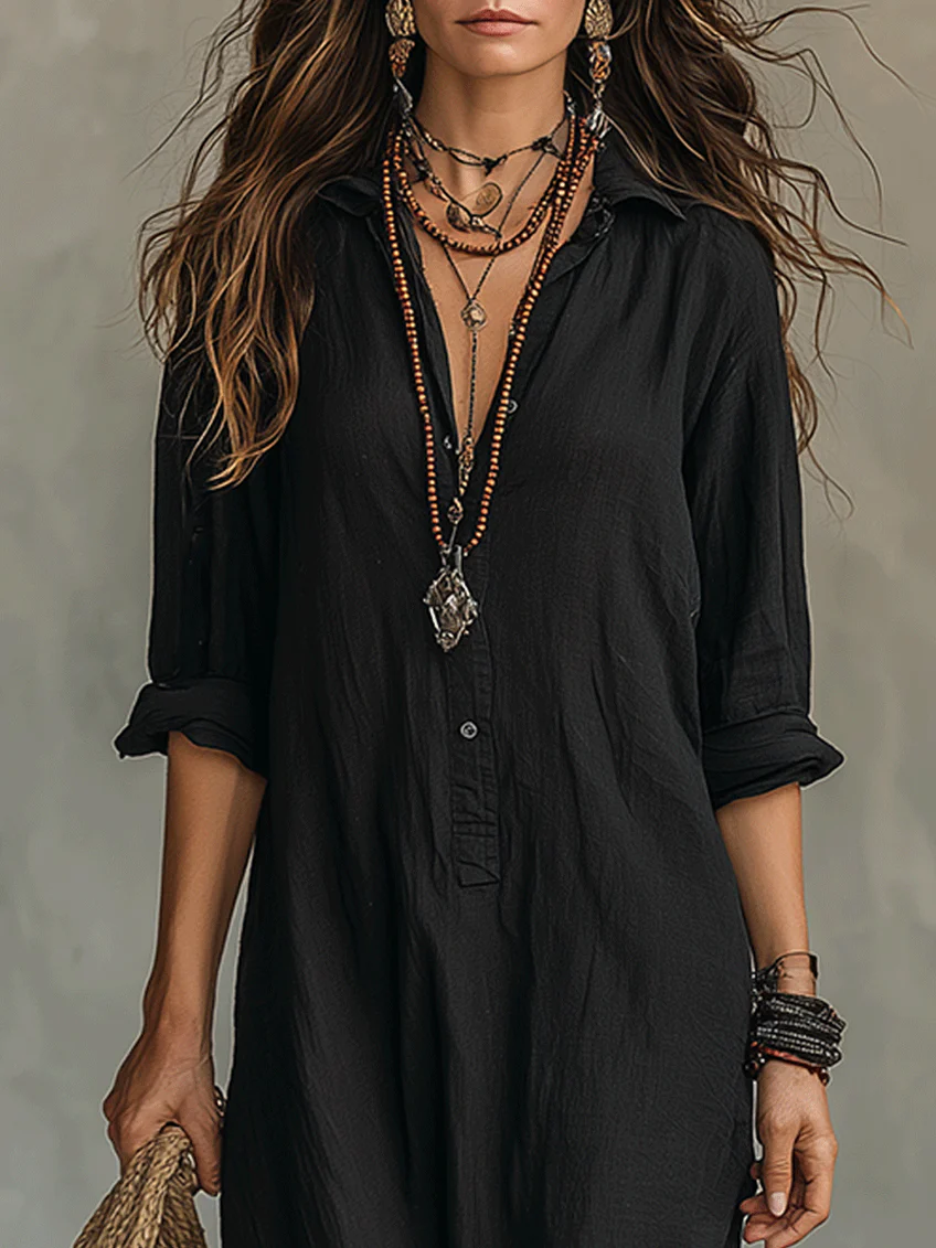 Soline™ - Vestido largo negro con botones