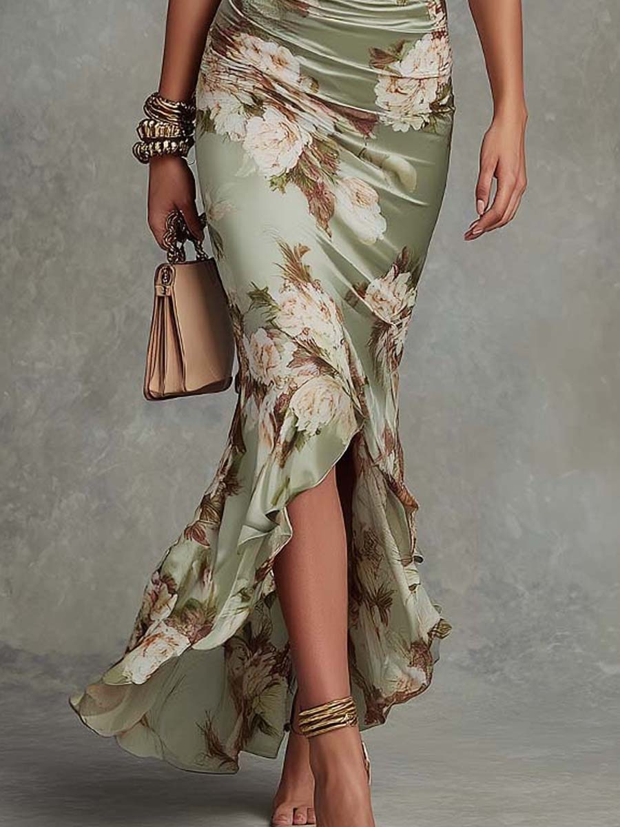 Vestido largo de satén para mujer con estampado floral y escote en V