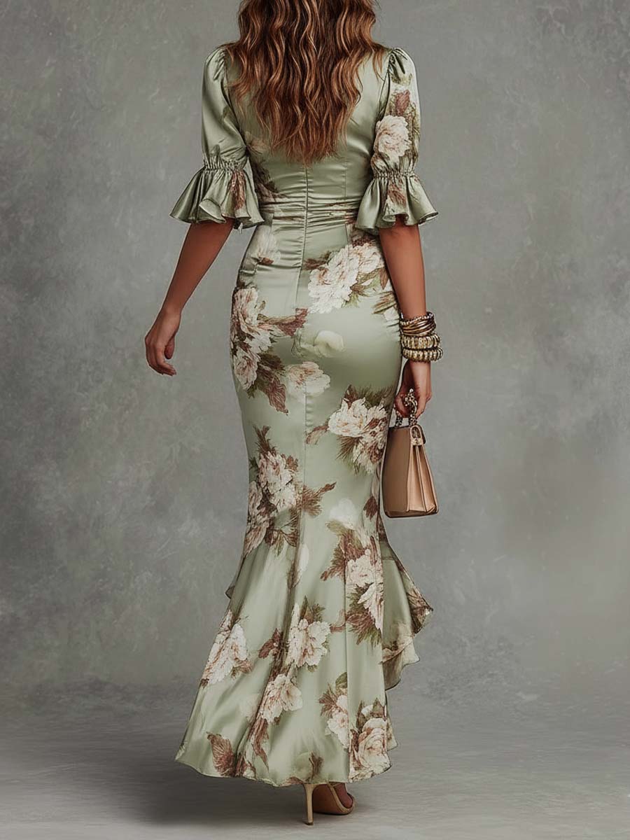 Vestido largo de satén para mujer con estampado floral y escote en V