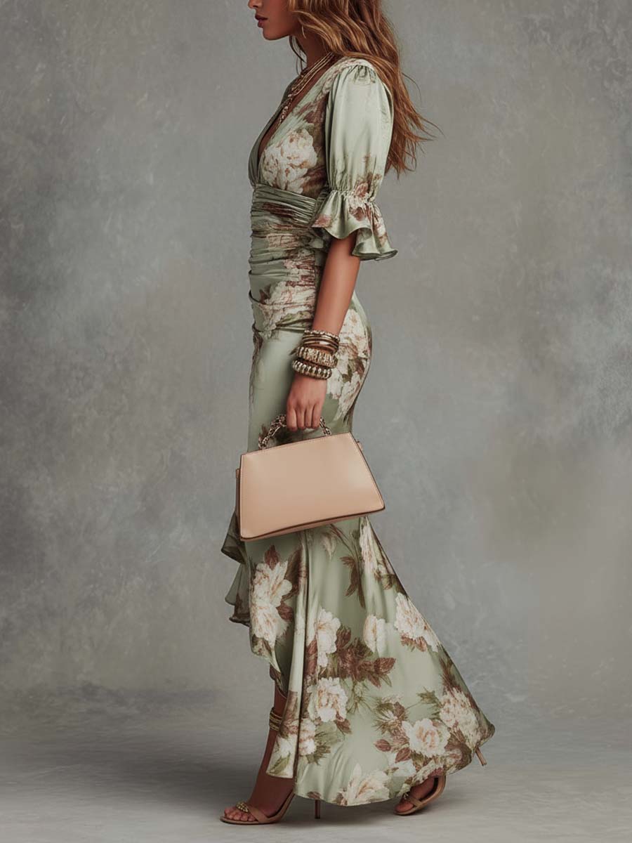 Vestido largo de satén para mujer con estampado floral y escote en V