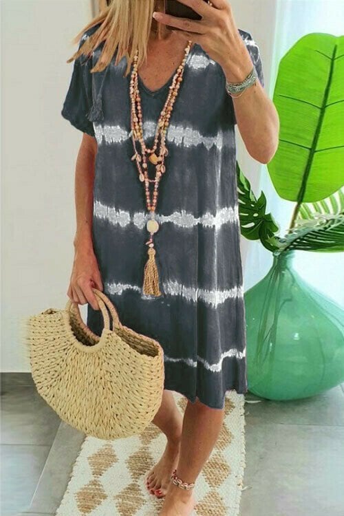 Vestido camiseta poliéster tie-dye con cuello en V veraniego