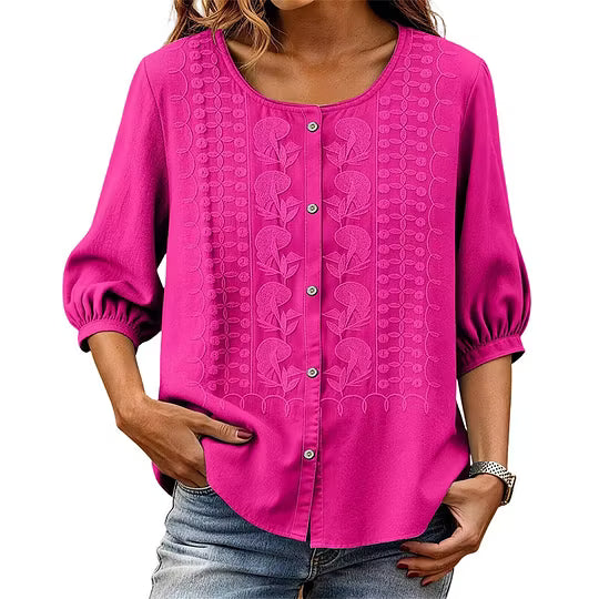 Blusa bordada para mujer de algodón y lino con mangas 3/4