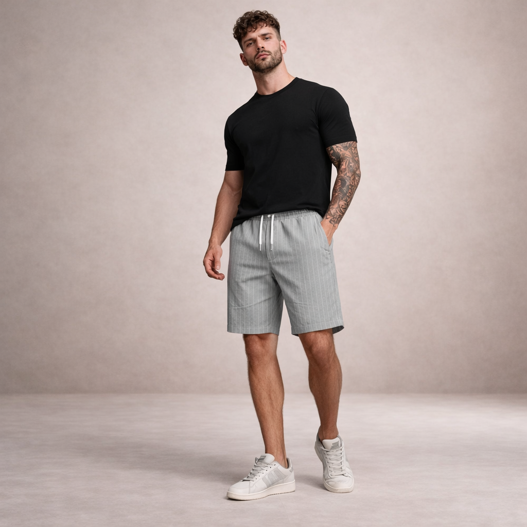 Pantalón corto lino poliéster hombre con cordón verano casual