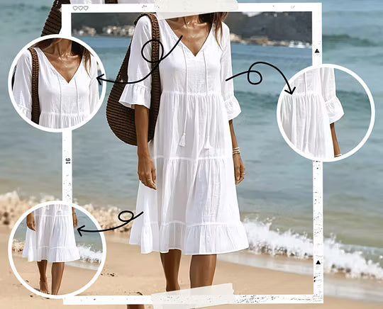 Vestido midi de algodón para mujer con escote en V y mangas acampanadas