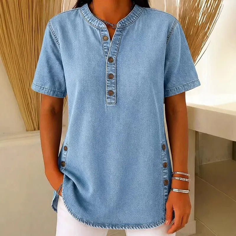Túnica mujer de denim ligero con cuello en V y botones decorativos