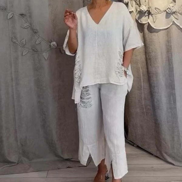 Conjunto mujer casual dos piezas escote V fluido