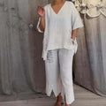 Conjunto mujer casual dos piezas escote V fluido